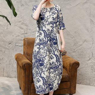 Linen Cotton Print Short-sleeve Dress