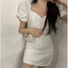 Puff-sleeve Mini A-line Eyelet Dress White - One Size