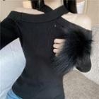 Furry Trim Cold-shoulder Knit Top