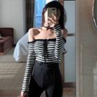 Striped Off-shoulder Long-sleeve Knit Top Black - One Size