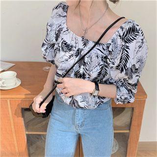 Puff-sleeve Leaf Print Blouse Black & White - One Size