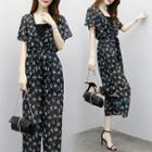 Set: Floral Print Short Sleeve Top + Cropped Wide Leg Pants