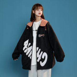 Letter Print Hooded Zip Windbreaker
