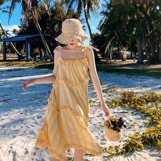 Spaghetti Strap Striped Frill Trim A-line Midi Dress