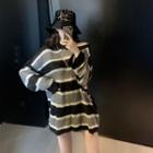 Round-neck Loose-fit Striped Knit Top Black - One Size