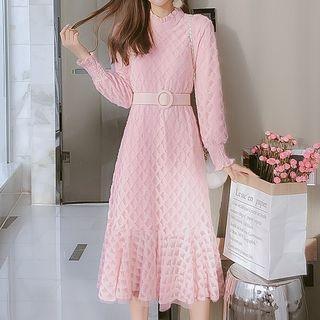 Balloon-sleeve Midi A-line Lace Dress