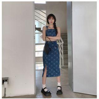 Washed Denim Tank Top / High-waist Washed A-line Split Skirt