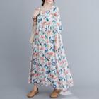 Floral Short-sleeve Maxi A-line Dress Blue Floral - White - One Size
