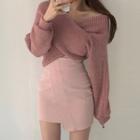 Off-shoulder Cross-strap Sweater / Asymmetric Plain A-line Skirt