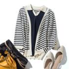 3/4-sleeve Collared Striped Knit Top Stripe - Beige - One Size