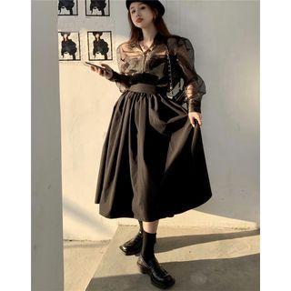 Long-sleeve Mesh Blouse / Midi A-line Skirt / Floral Cardigan