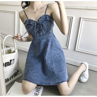 Spaghetti Strap Lace-up Denim A-line Mini Dress