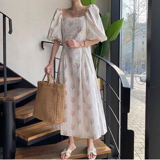 Short-sleeve Square-neck Floral Dress White - One Size