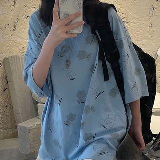 Elbow-sleeve Bear Print Oversized T-shirt