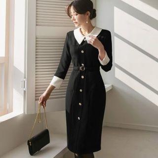 Contrast-collar Button-detail Sheath Dress With Belt