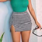 High-waist Houndstooth Slit Mini Skirt