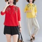 3/4-sleeve Embroidery Mandarin-neck Top