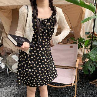 Spaghetti-strap Bear Print A-line Dress / Cardigan