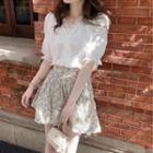 Set: Puff Sleeve V-neck Lace Panel Shirt + Floral Mini Skirt