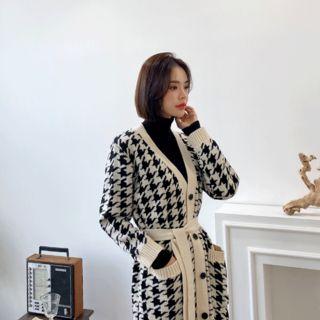 Dual-pocket Houndstooth Long Cardigan With Sash Black - One Size