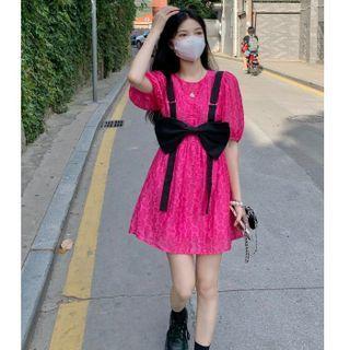 Puff-sleeve Mini A-line Dress / Bow Camisole Top