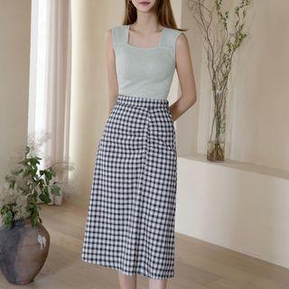 Shirred Plaid Long Skirt Black - One Size