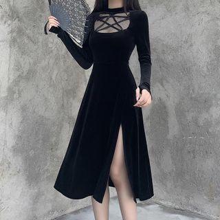 Mesh Panel Slit-side Midi Dress
