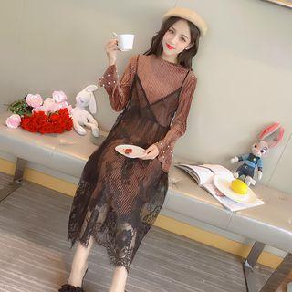 Set: Long-sleeve Beaded Midi Dress + Strappy Lace Midi Dress