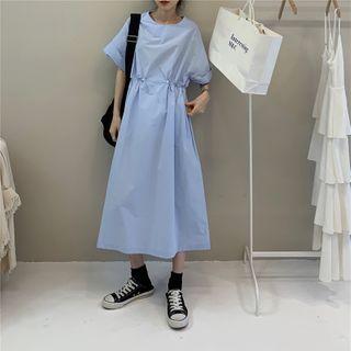 Drawstring Short-sleeve Midi Shift Dress Blue - One Size