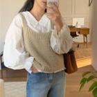 Bell-sleeve Collared Blouse / Knit Vest