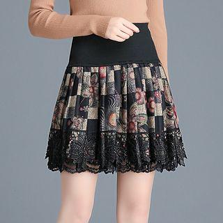 Lace Trim Floral A-line Skirt