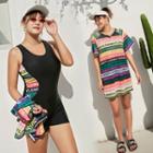 Set: Panel Swimsuit + Short Sleeve Letter Print Cover-up