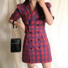 Plaid Elbow-sleeve Double-breasted Dress