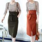 Set: Long Sleeve Striped T-shirt + Paperbag Waist Suspender Dress