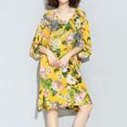 Elbow-sleeve Floral Chiffon A-line Dress