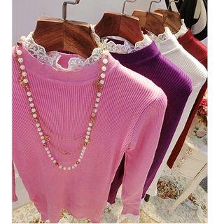 Long-sleeve Lace Trim Knit Top