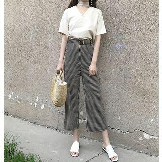 Set: Plain V-neck Short Sleeve Blouse + Striped Straight Cut Pants