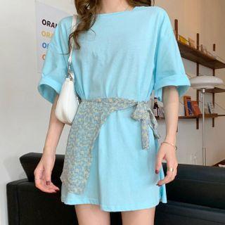 Set: Oversize Elbow-sleeve T-shirt + Flower Print Cape