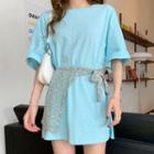 Set: Oversize Elbow-sleeve T-shirt + Flower Print Cape