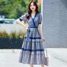 Short-sleeve Floral Tiered Midi A-line Dress