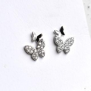 Rhinestone Butterfly Ear Stud 1 Pair - S925 Silver - One Size