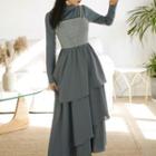 Set: Long-sleeve Top + Layered Midi A-line Overall Dress