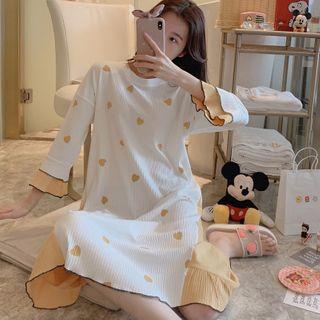 Heart Print Bell-sleeve Ribbed Mini Sleep Dress