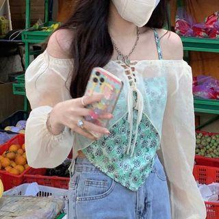 Floral Scarf Top / Long-sleeve Asymmetrical Hem Lace-up Crop Top