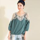 Lace-panel 3/4-sleeve Top