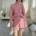 Turtleneck Plain Oversized Sweater / Mini Skirt