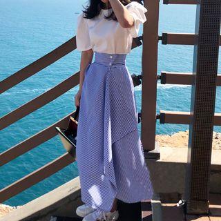 Elbow-sleeve Blouse / Striped A-line Midi Skirt