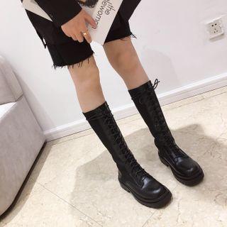 Knit Panel Platform Lace-up Tall Boots