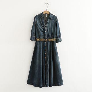 Elbow-sleeve Denim Midi Shirt Dress