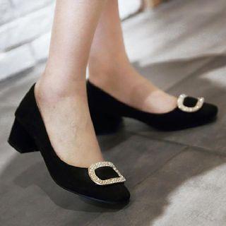 Rhinestone Buckle Block Heel Pumps